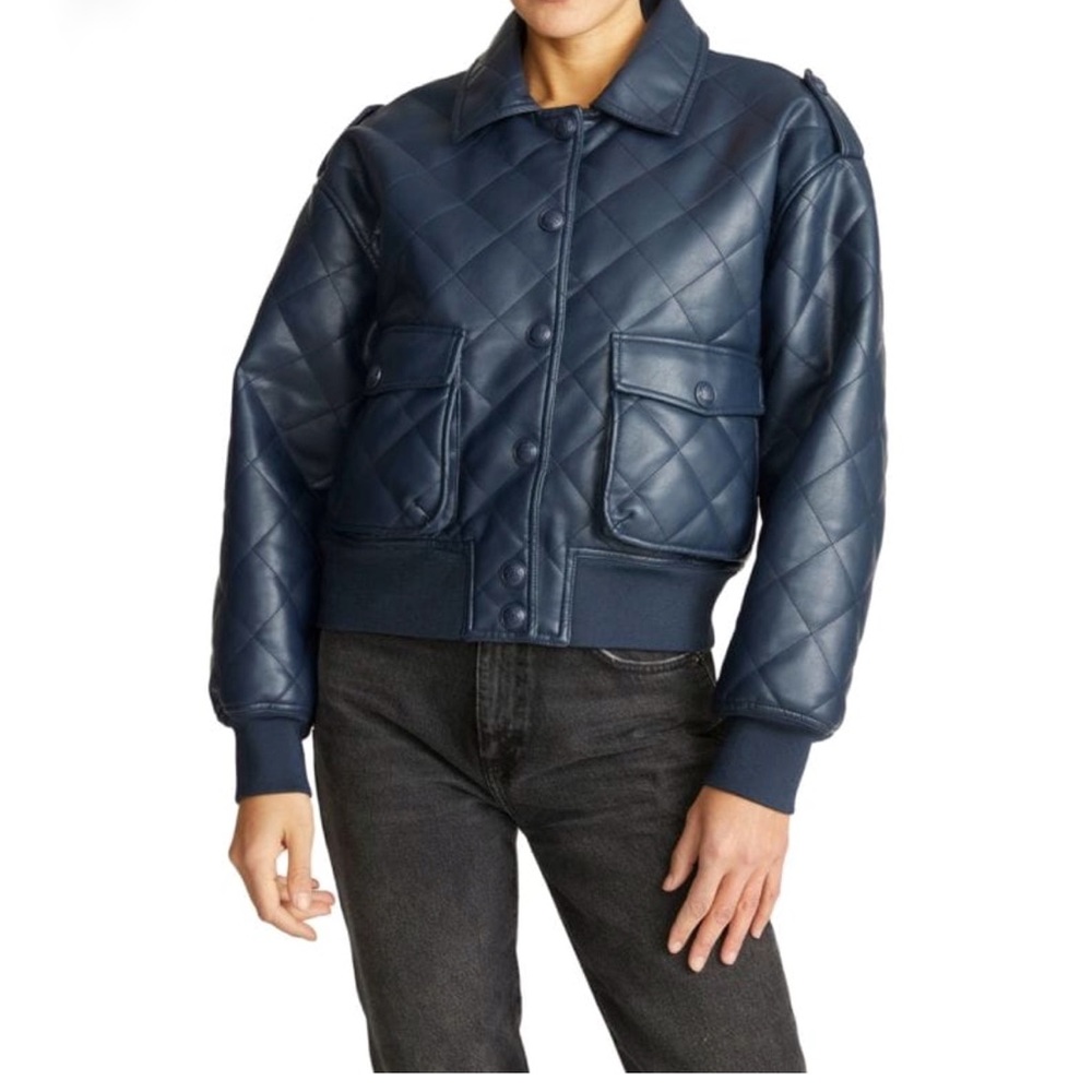 Rebecca Minkoff Quilted Bomber Relaxed Vegan Leather Jacket in Navy Blue Sz XL